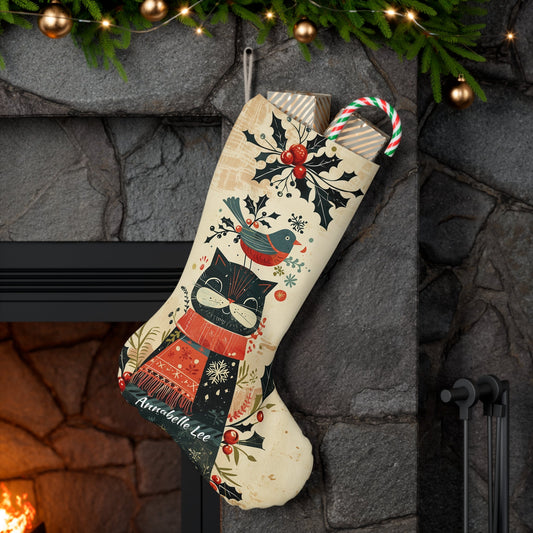 Christmas Cat Stocking - A Folk Art Cat with Bird and Berries, Rustic Scandinavian Holiday Decor - FlooredByArt