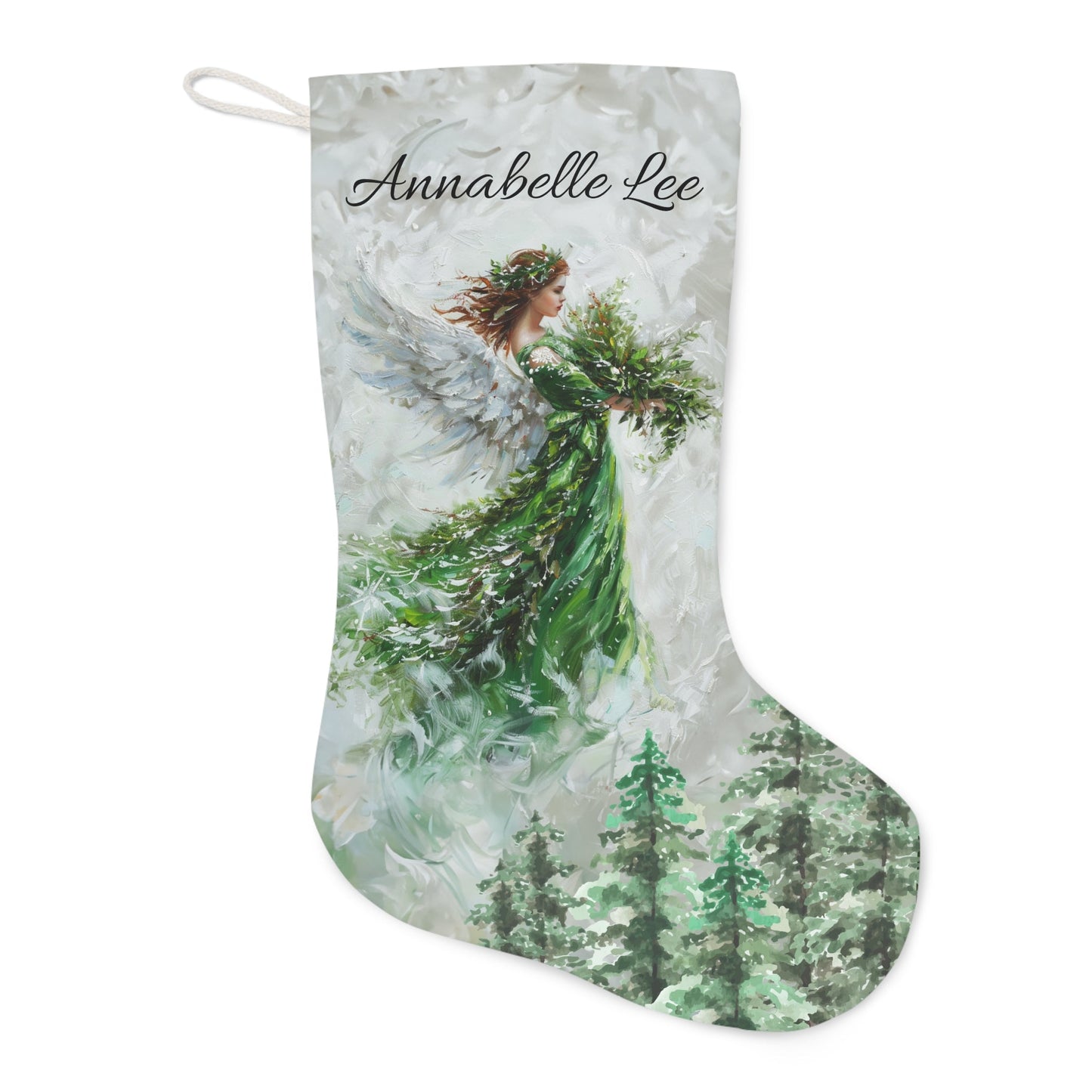 Christmas Green Angel Stocking: Extra Large Holiday Angel Stocking, Family Christmas Decor, Original Artwork Design, Heavenly Angel Gift - FlooredByArt