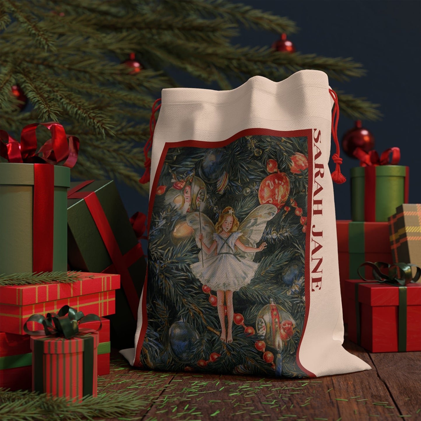 Christmas Tree Fairy Name Gift Bag - Angel Gift bag, Oversized Santa Sack, 18" x 26" - FlooredByArt