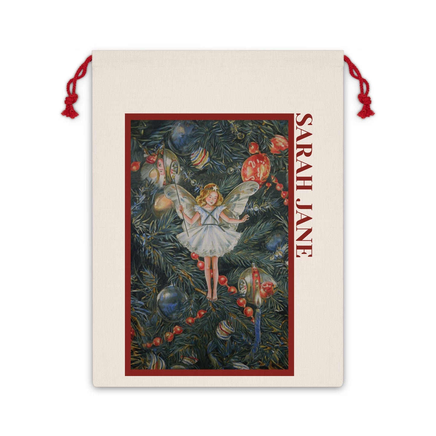 Christmas Tree Fairy Name Gift Bag - Angel Gift bag, Oversized Santa Sack, 18" x 26" - FlooredByArt