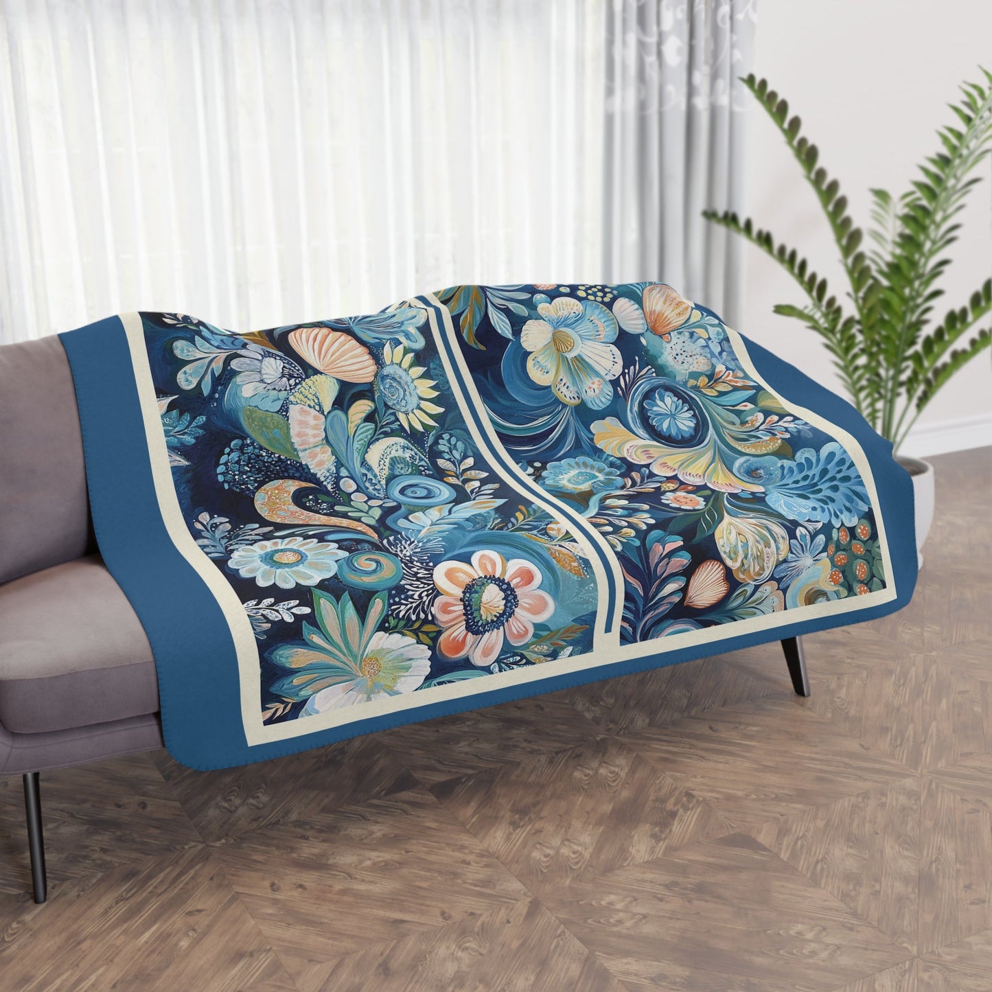 Coastal Beach Cottage Blanket, Scandi Stylized Shells Folk Art Throw, Rosemaling - FlooredByArt