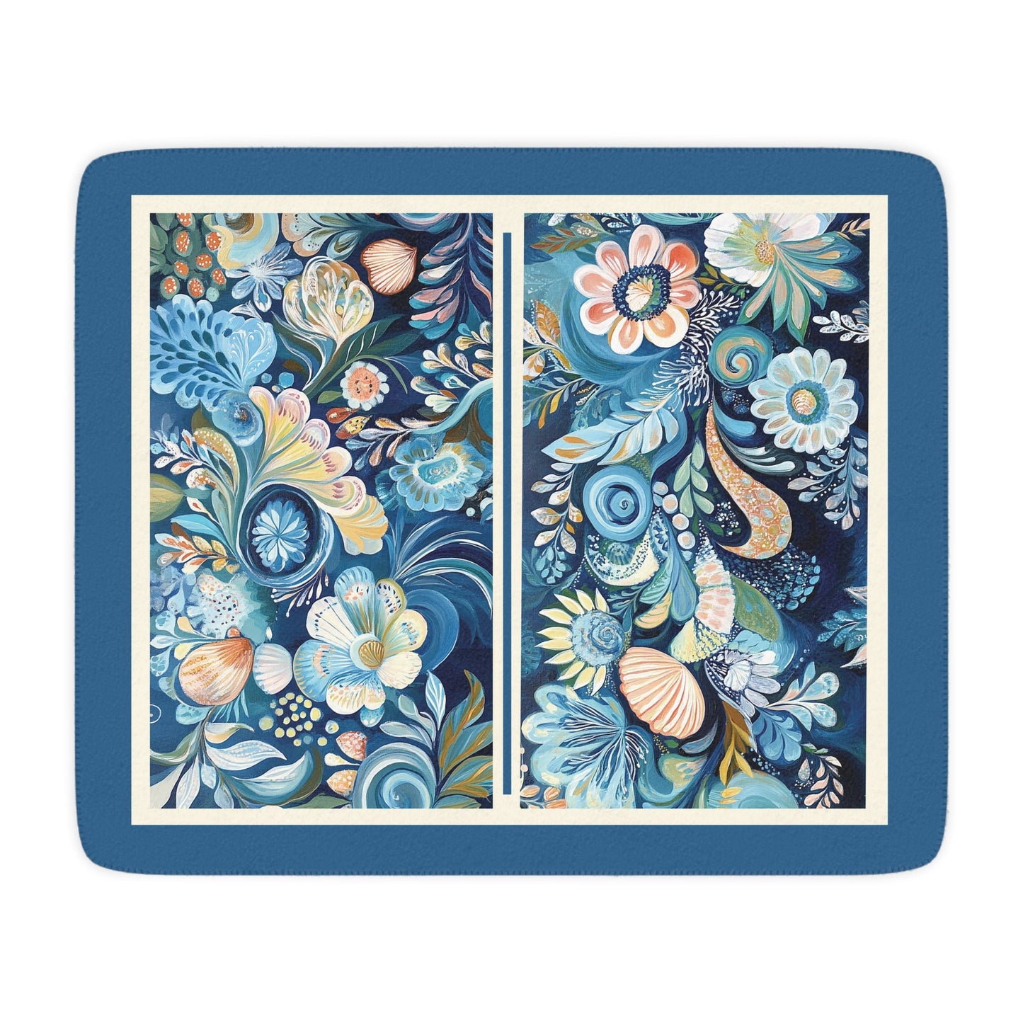 Coastal Beach Cottage Blanket, Scandi Stylized Shells Folk Art Throw, Rosemaling - FlooredByArt