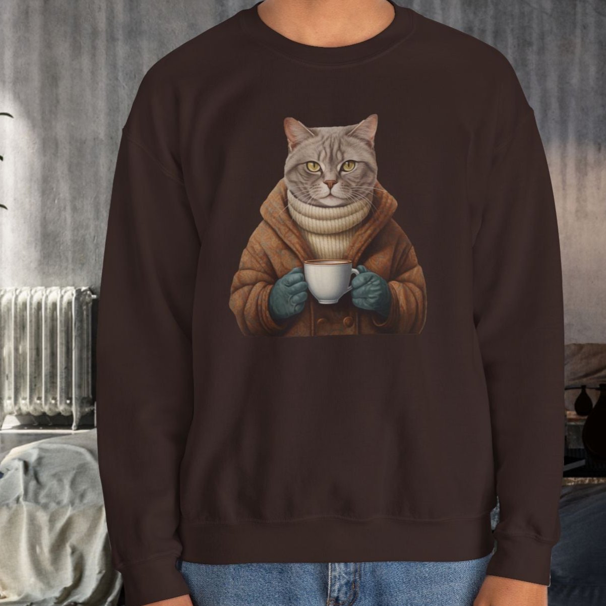 Coffee Cat Sweatshirt, Cats in Sweaters Shirt, Cute Astethic Cat Boho Shirt - FlooredByArt
