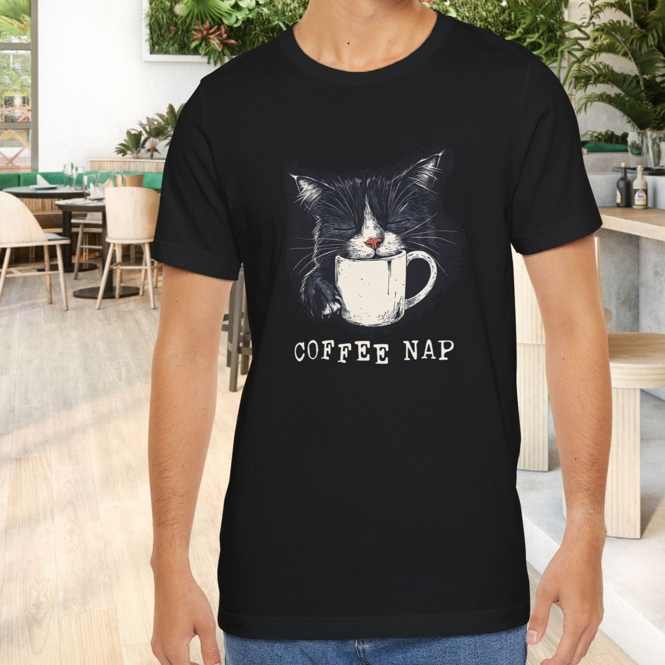 Coffee Nap Black Cat T-Shirt – Cute Cat & Coffee Lover Tee - FlooredByArt