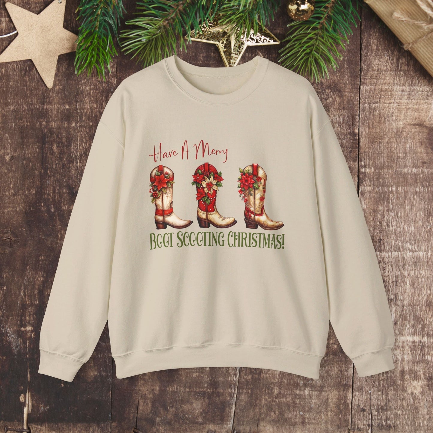 Cowboy Christmas, Boot Scooting Christmas Sweatshirt, Holiday Cowboy Boots, Cowgirl Christmas - FlooredByArt