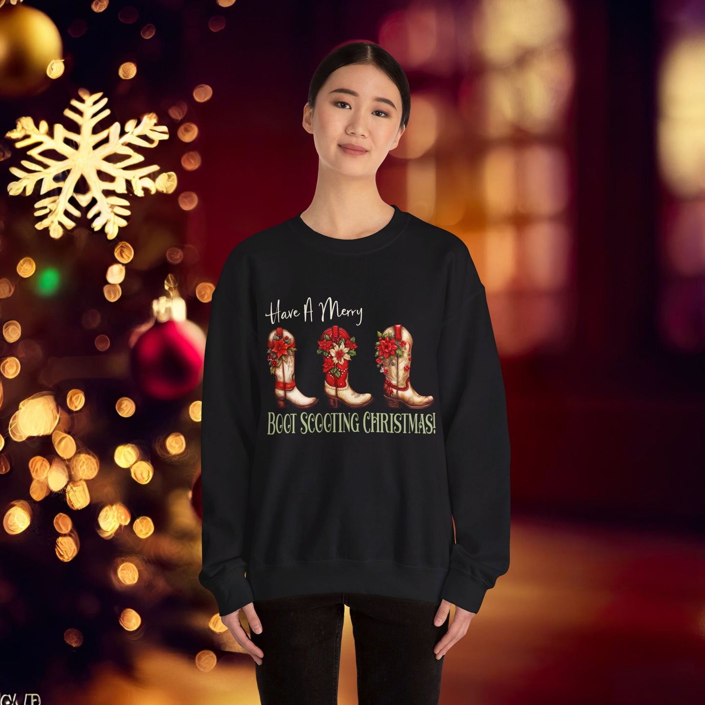 Cowboy Christmas, Boot Scooting Christmas Sweatshirt, Holiday Cowboy Boots, Cowgirl Christmas - FlooredByArt