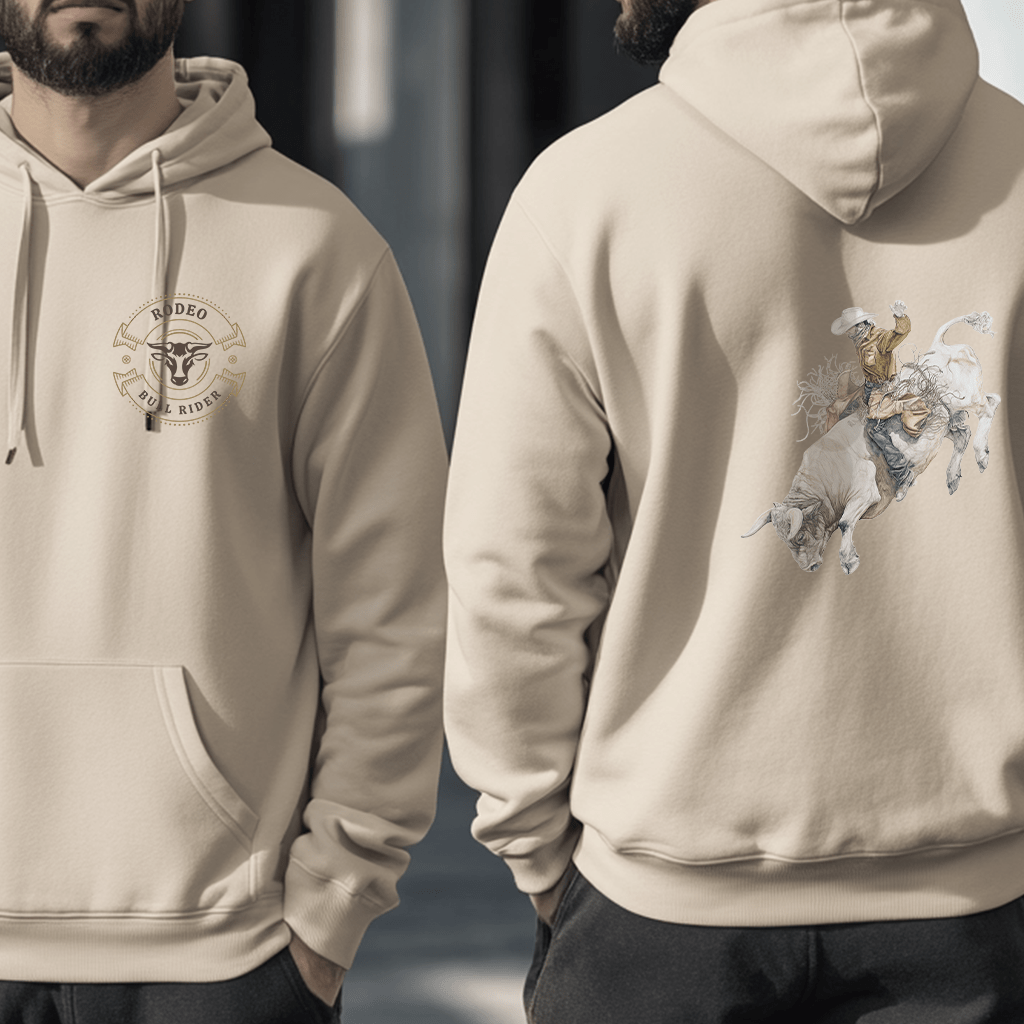 Cowboy Rodeo Hoodie β Western Bull Rider Graphic Sweatshirt in Sand, Country Style Unisex Pullover - FlooredByArt