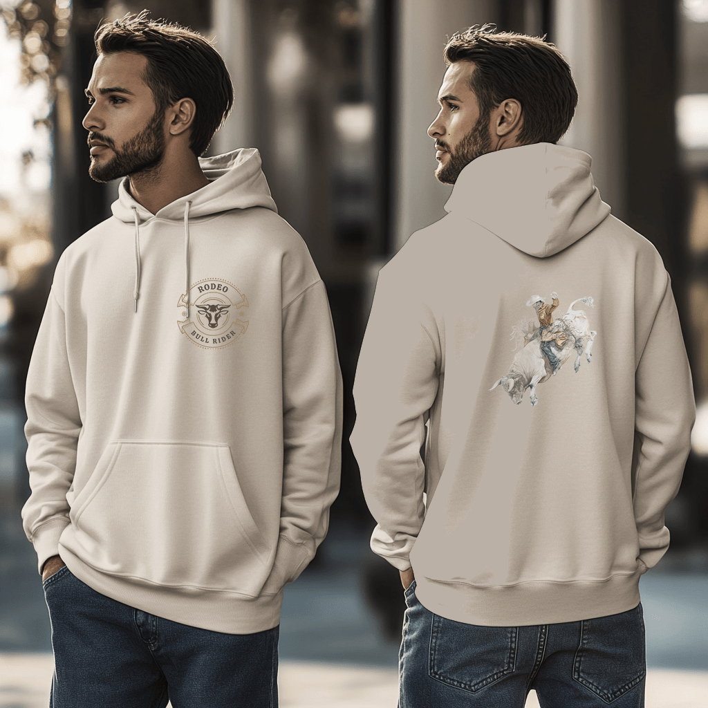 Cowboy Rodeo Hoodie β Western Bull Rider Graphic Sweatshirt in Sand, Country Style Unisex Pullover - FlooredByArt