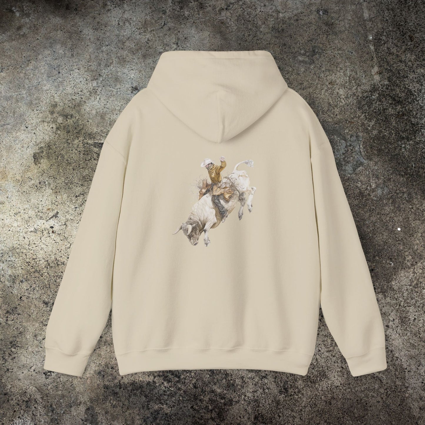 Cowboy Rodeo Hoodie β Western Bull Rider Graphic Sweatshirt in Sand, Country Style Unisex Pullover - FlooredByArt
