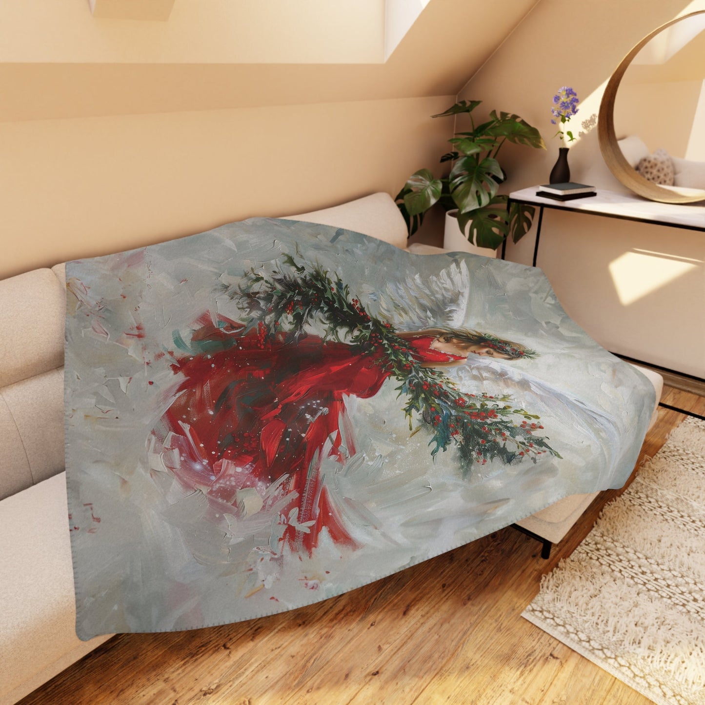 Crimson Red Christmas Angel Blanket, Unique Religious Art Design - FlooredByArt
