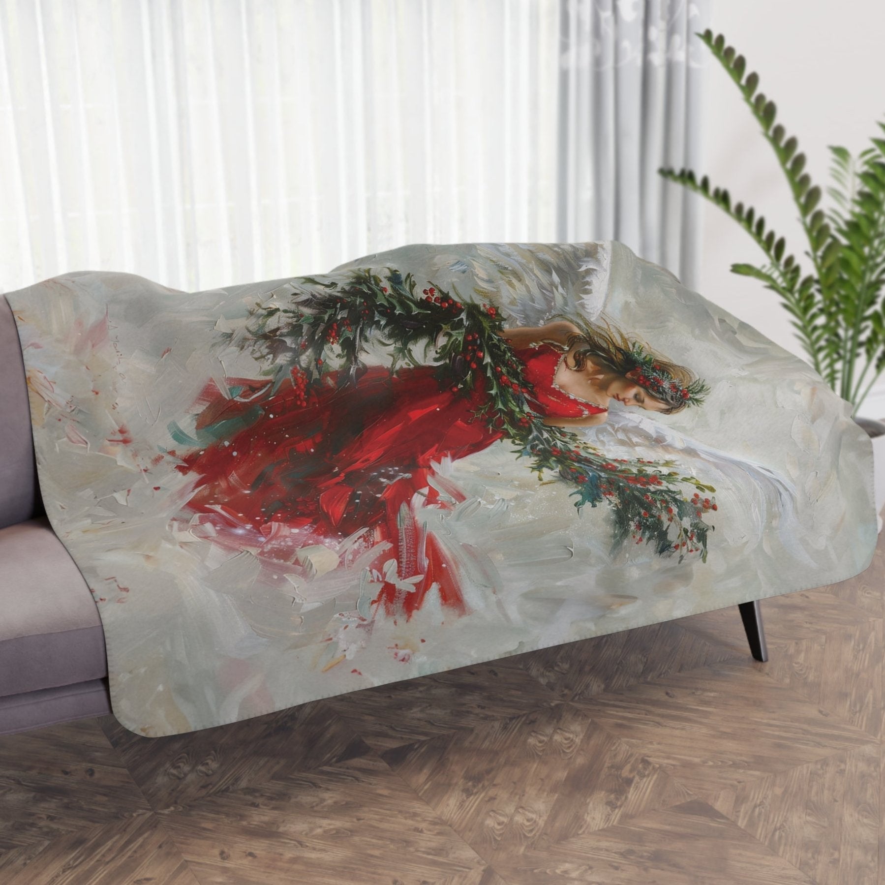 Crimson Red Christmas Angel Blanket, Unique Religious Art Design - FlooredByArt