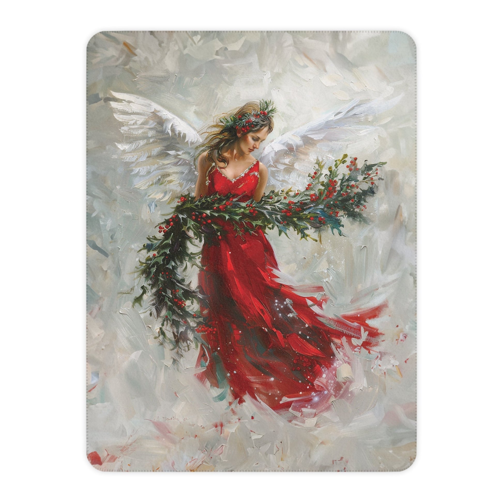 Crimson Red Christmas Angel Blanket, Unique Religious Art Design - FlooredByArt