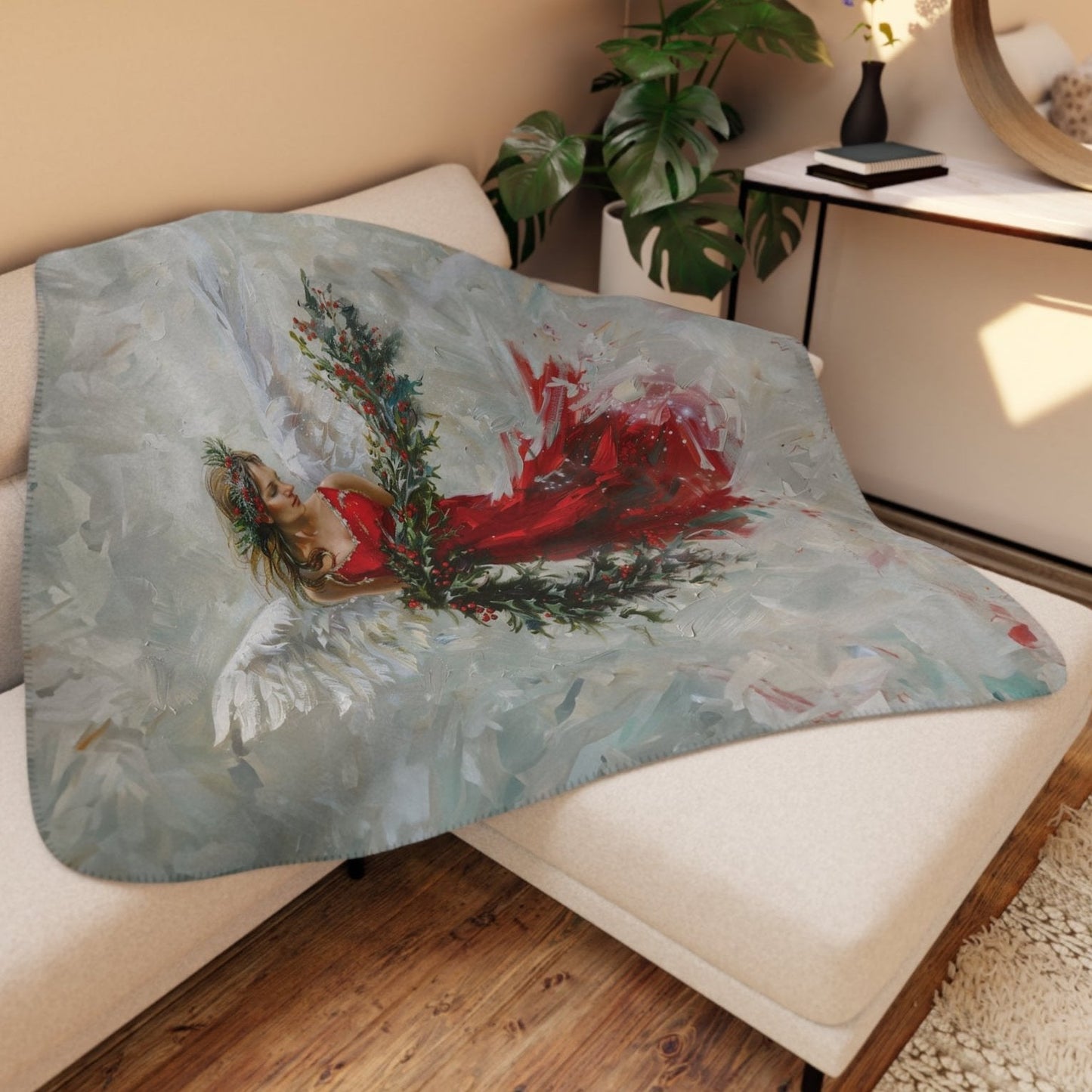 Crimson Red Christmas Angel Blanket, Unique Religious Art Design - FlooredByArt