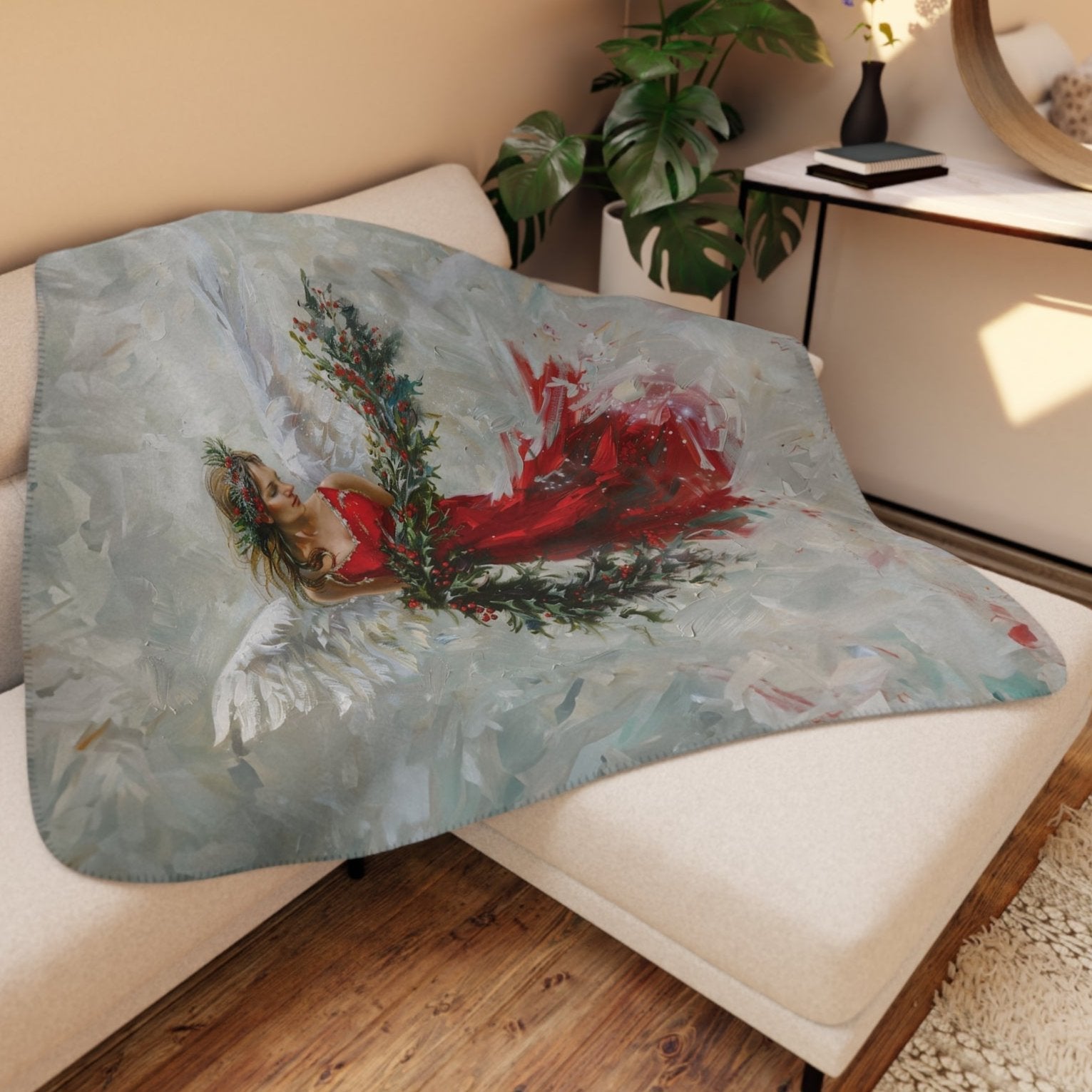 Crimson Red Christmas Angel Blanket, Unique Religious Art Design - FlooredByArt