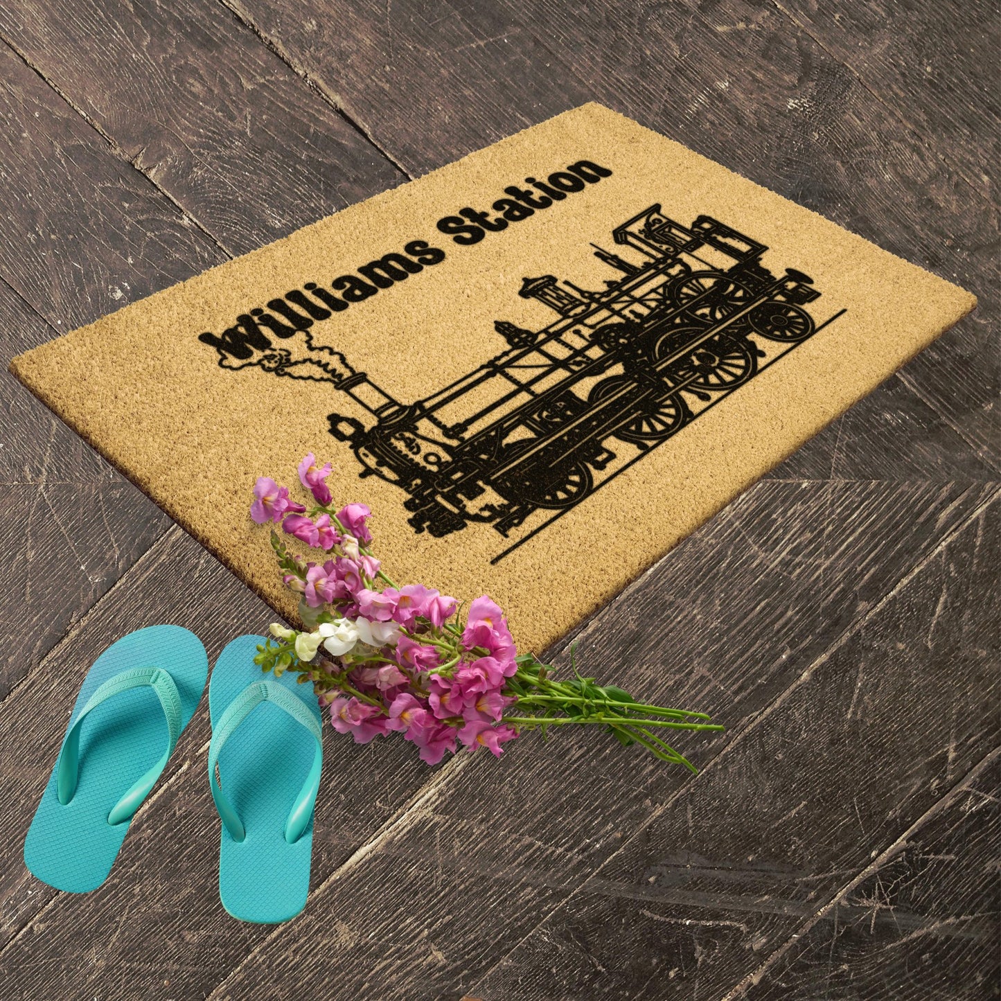 Custom Train Doormat Family Station, Personalized Locomotive Train Lover Custom - FlooredByArt