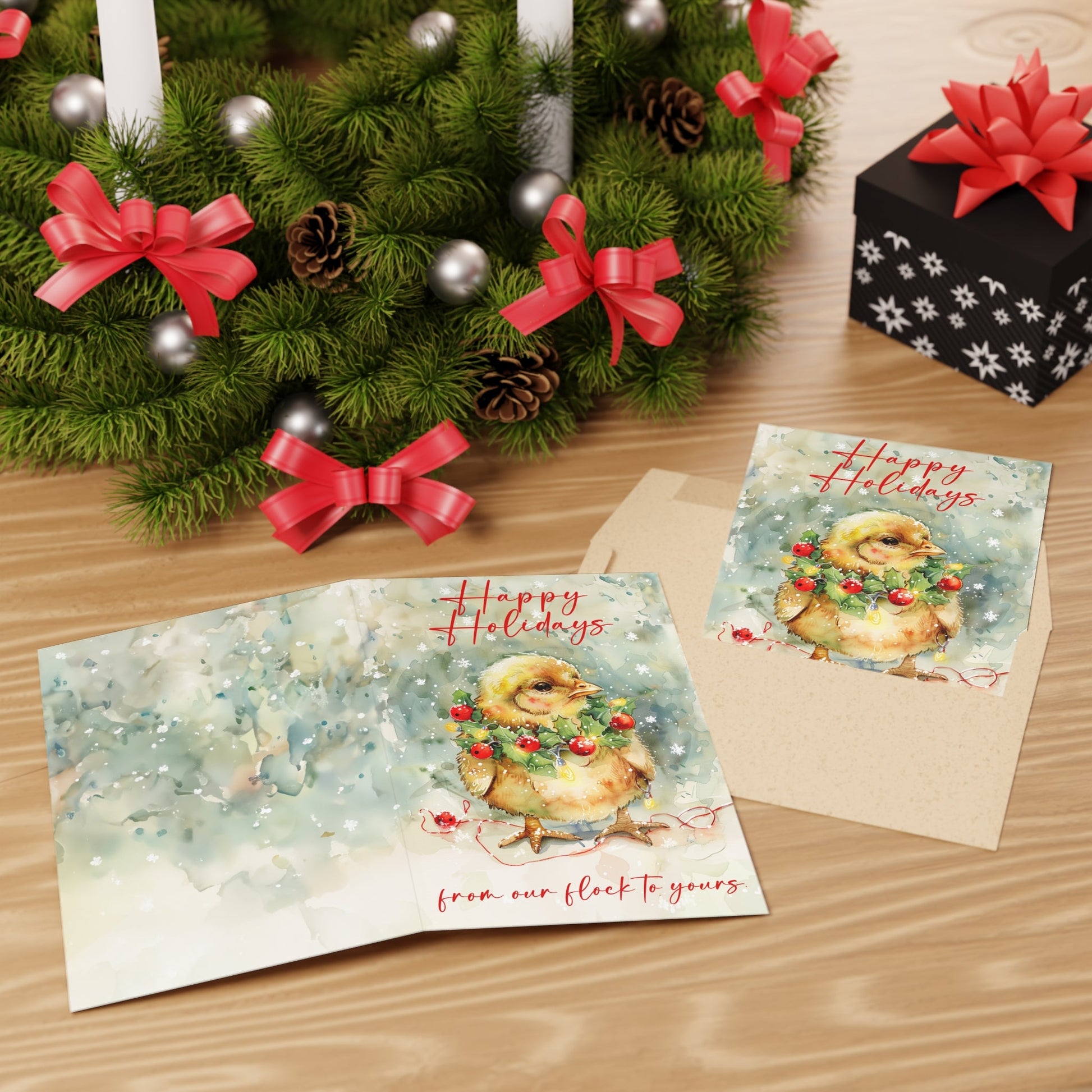 Cute Baby Chicken in Snow, Artwork Design Blank Greeting Cards - Set of 10 or 1 - FlooredByArt