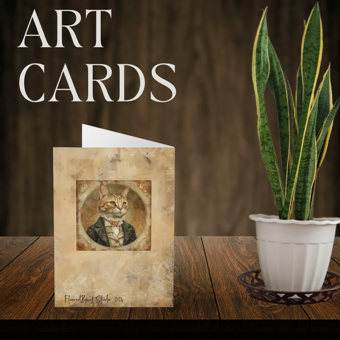 Cute Cat Card, Blank Whimsical Cat Art Greeting Notecard or Stationary - FlooredByArt
