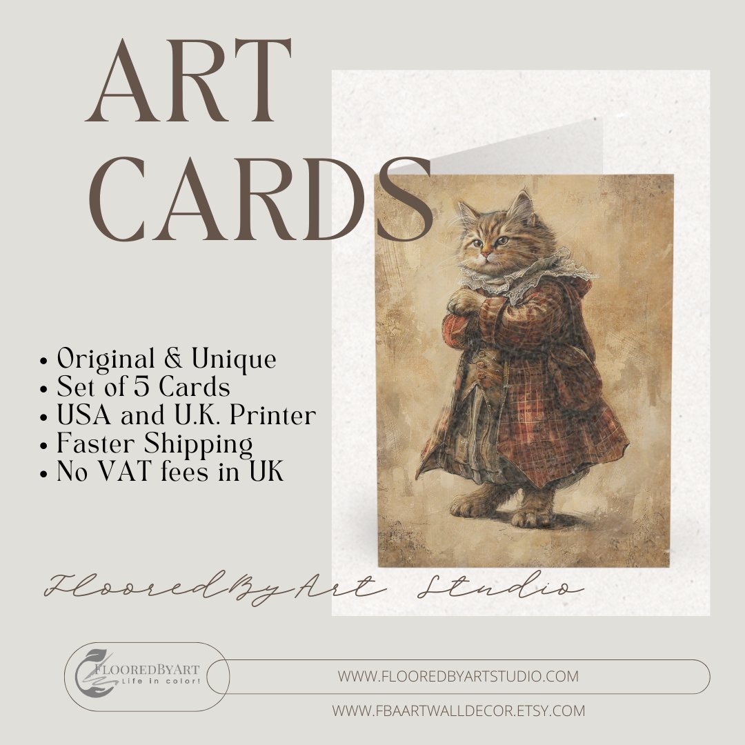 Cute Cat Card, Blank Whimsical Cat Art Greeting Notecard or Stationary - FlooredByArt
