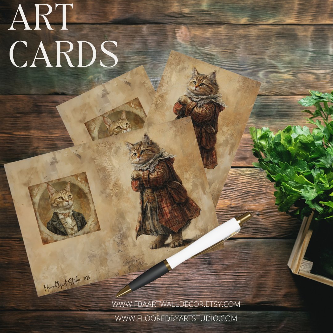 Cute Cat Card, Blank Whimsical Cat Art Greeting Notecard or Stationary - FlooredByArt