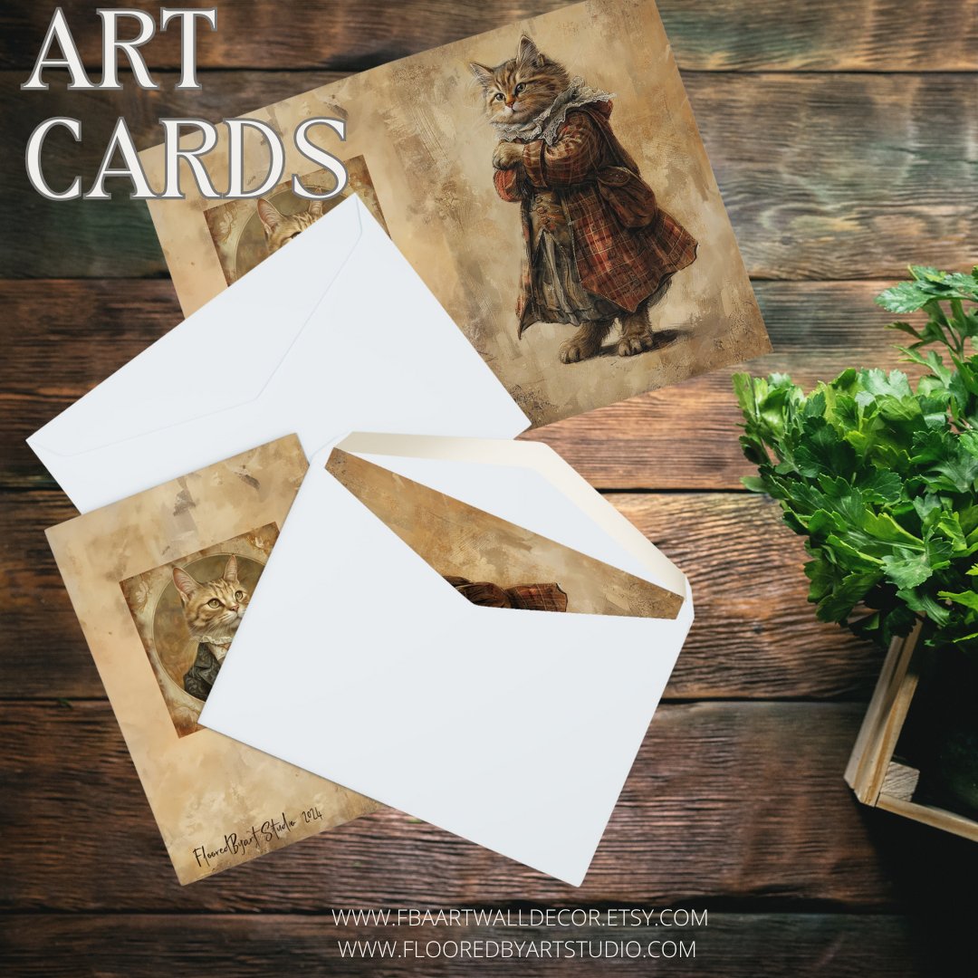 Cute Cat Card, Blank Whimsical Cat Art Greeting Notecard or Stationary - FlooredByArt