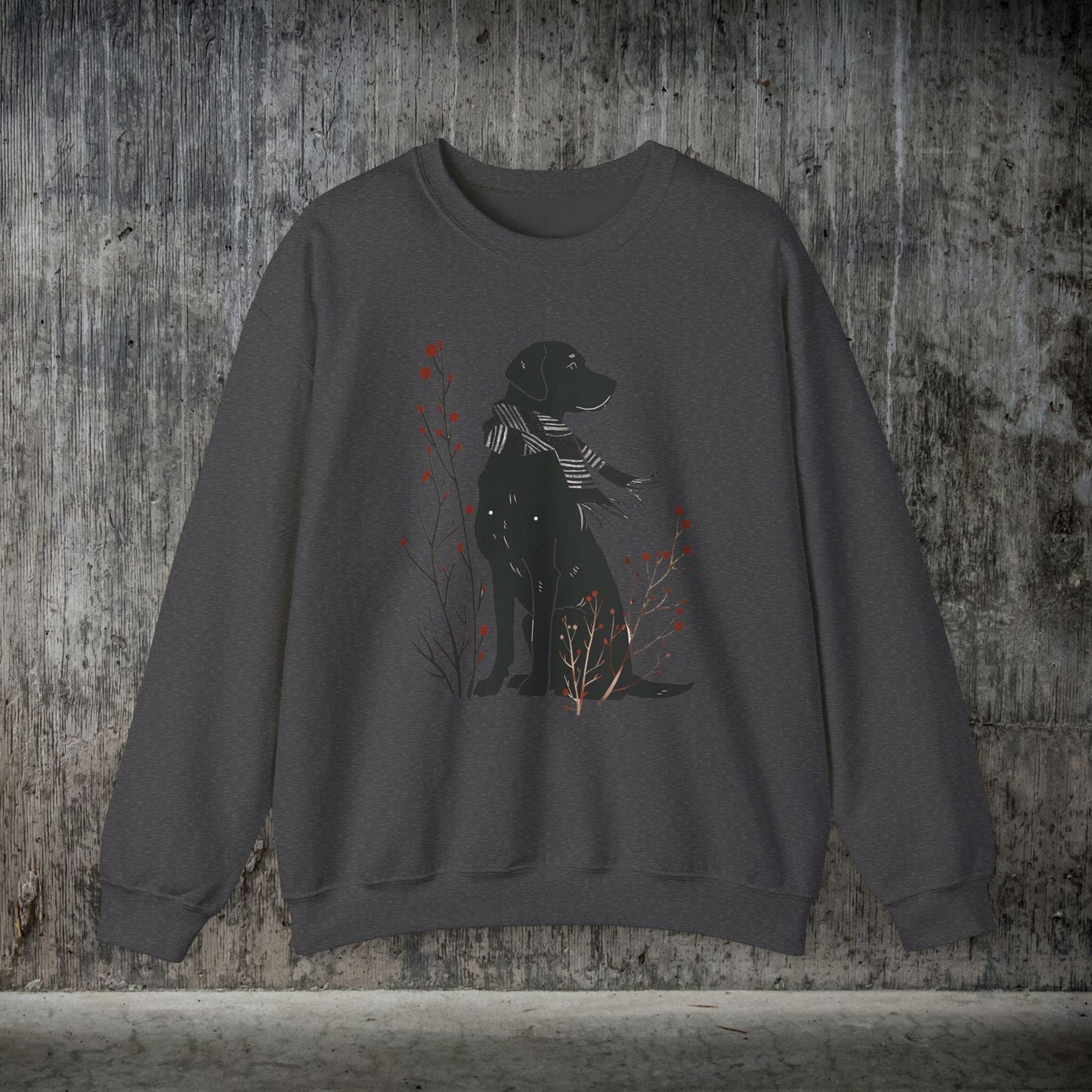 Cute Dog Sweatshirt, Minimalist Black Dog Art Shirt, Dog Dressed in Striped Scarf, Dog Lover Gift, Dog Mom Sweater Gift, Holiday Hoodie - FlooredByArt