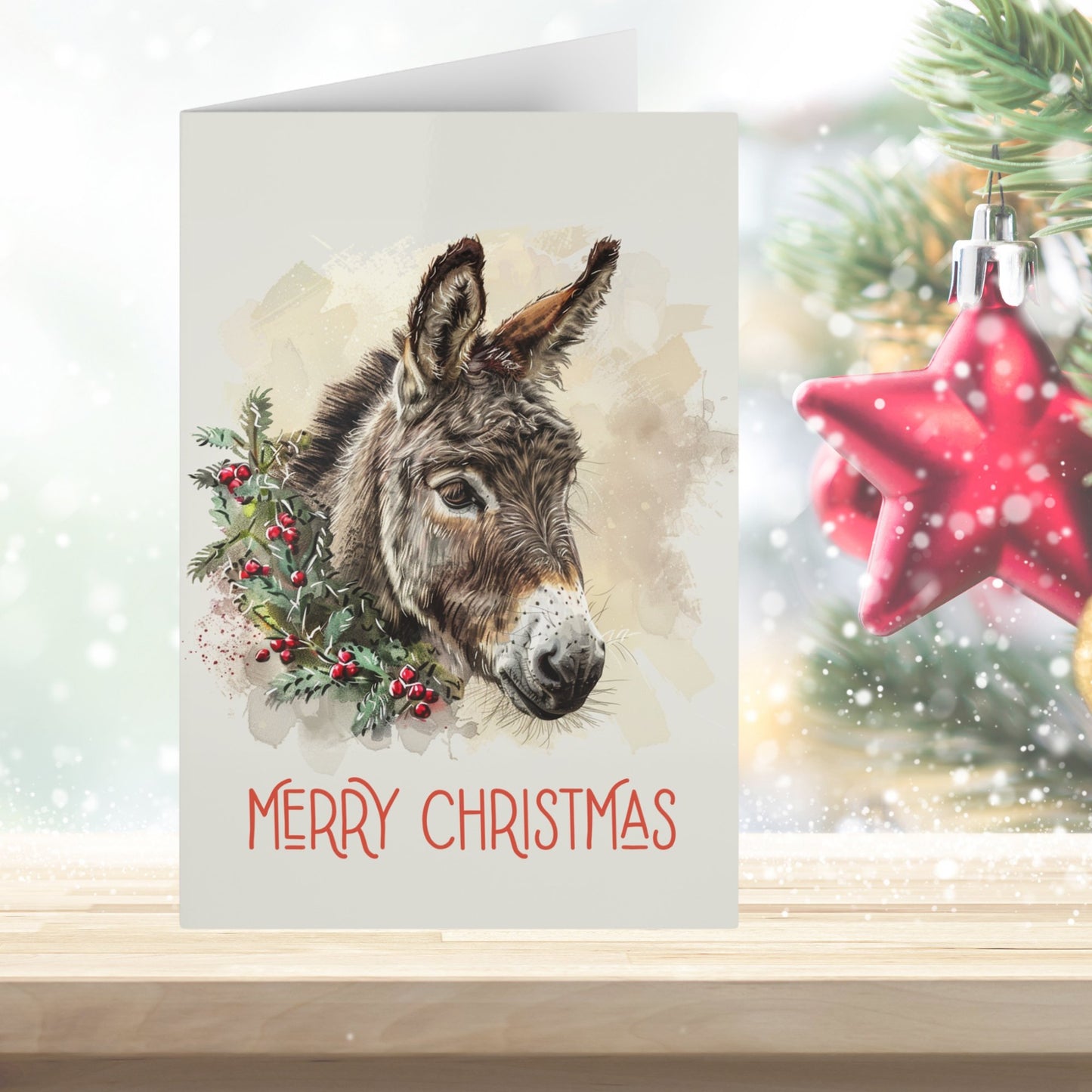 Cute Donkey Christmas Card Artwork Design Blank Christmas Greeting Cards - FlooredByArt