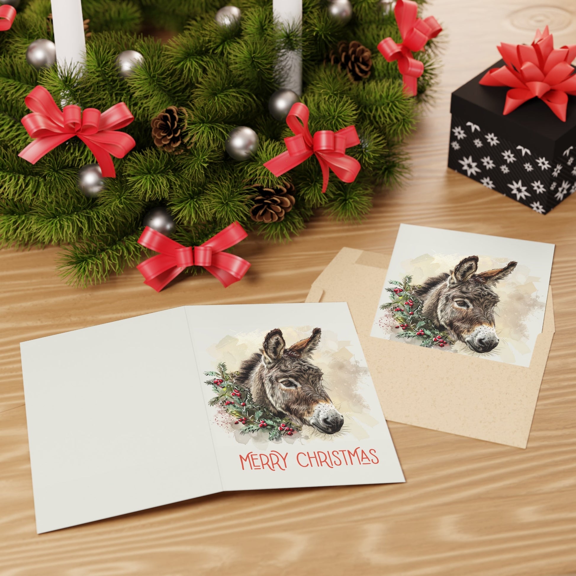 Cute Donkey Christmas Card Artwork Design Blank Christmas Greeting Cards - FlooredByArt
