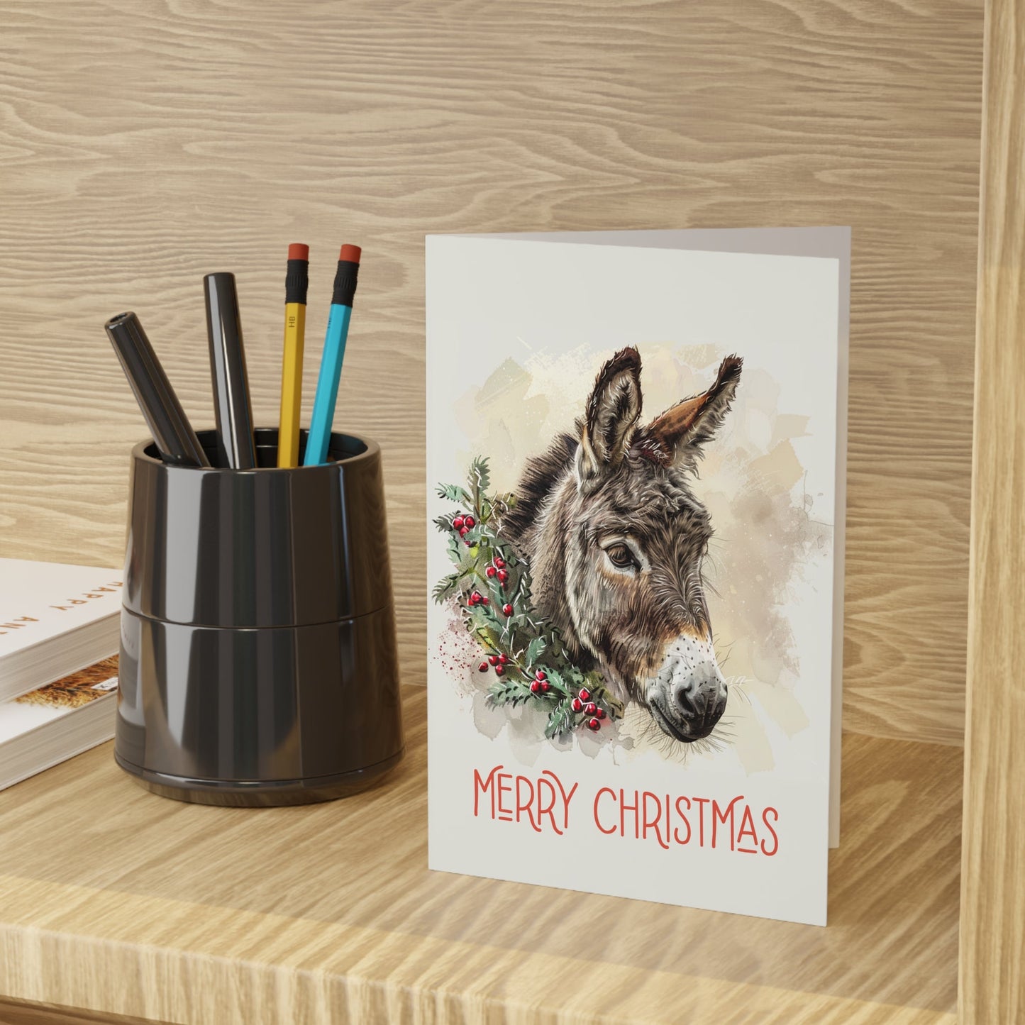 Cute Donkey Christmas Card Artwork Design Blank Christmas Greeting Cards - FlooredByArt