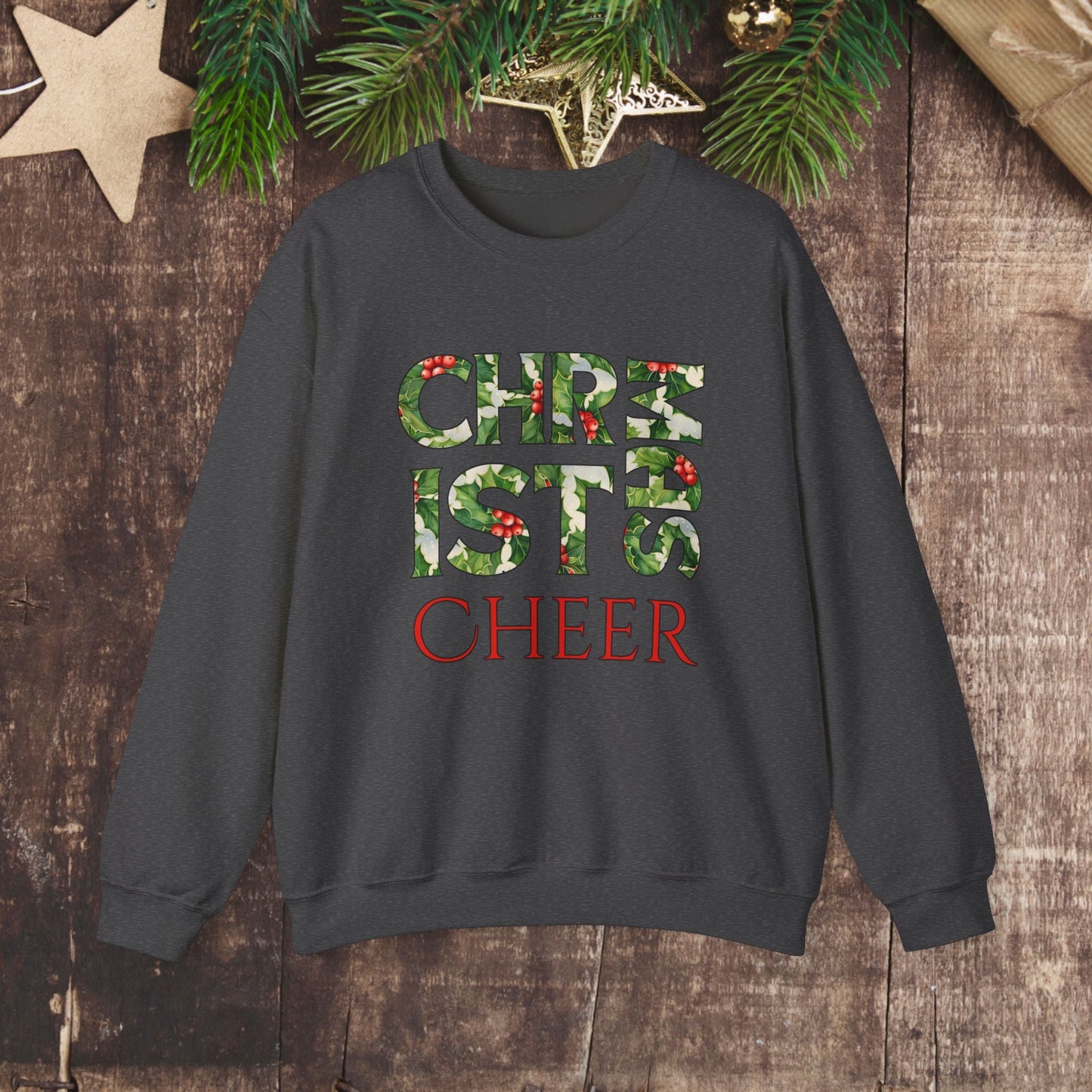 Cute Merry Christmas Sweatshirt, Holly and Berries Letters, Unique Holiday Shirt Word Art, Christmas Cheer - FlooredByArt