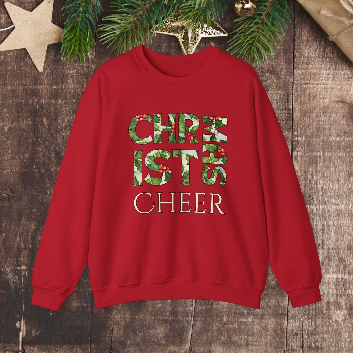 Cute Merry Christmas Sweatshirt, Holly and Berries Letters, Unique Holiday Shirt Word Art, Christmas Cheer - FlooredByArt