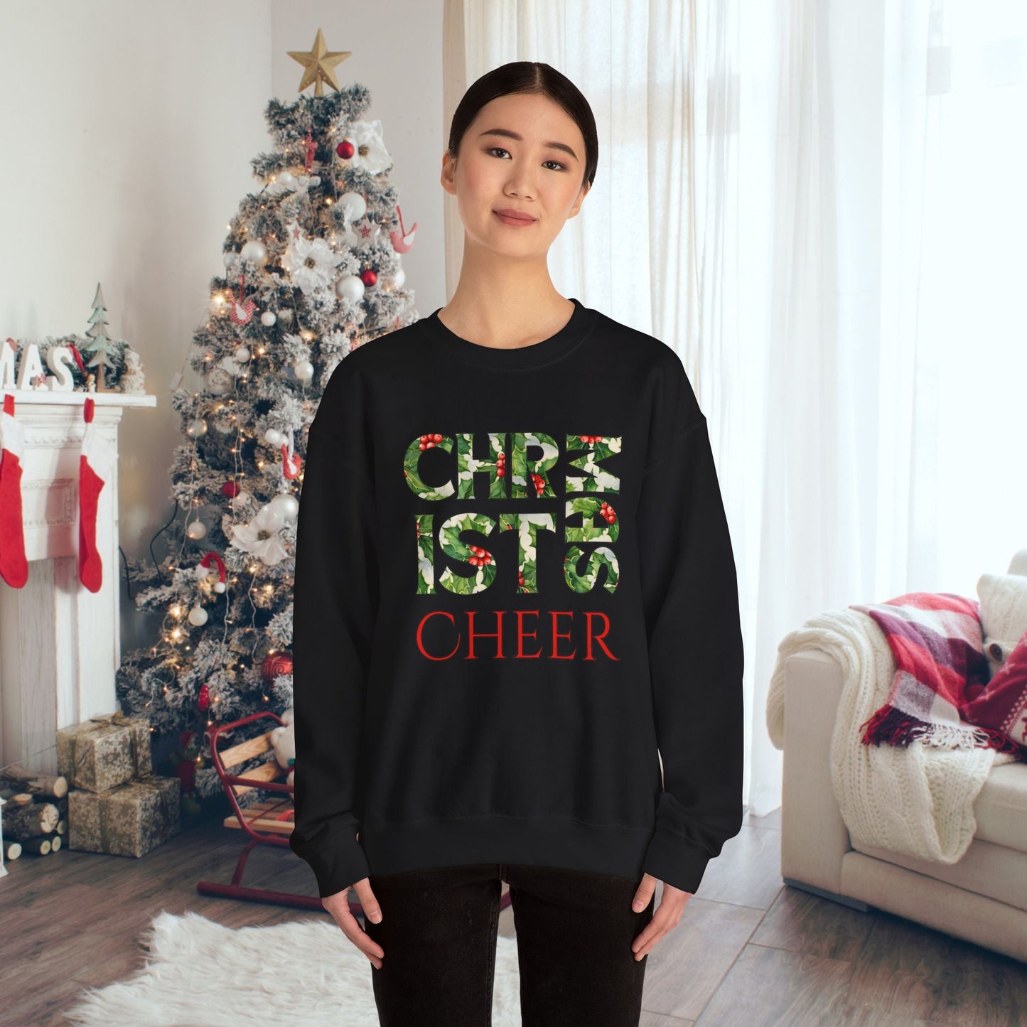 Cute Merry Christmas Sweatshirt, Holly and Berries Letters, Unique Holiday Shirt Word Art, Christmas Cheer - FlooredByArt