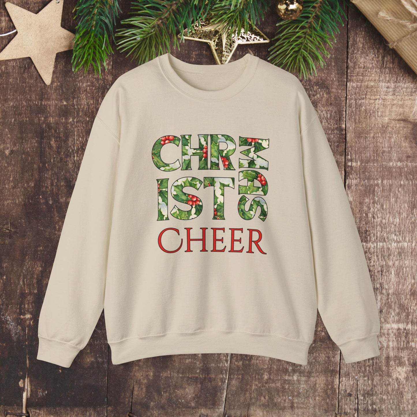 Cute Merry Christmas Sweatshirt, Holly and Berries Letters, Unique Holiday Shirt Word Art, Christmas Cheer - FlooredByArt