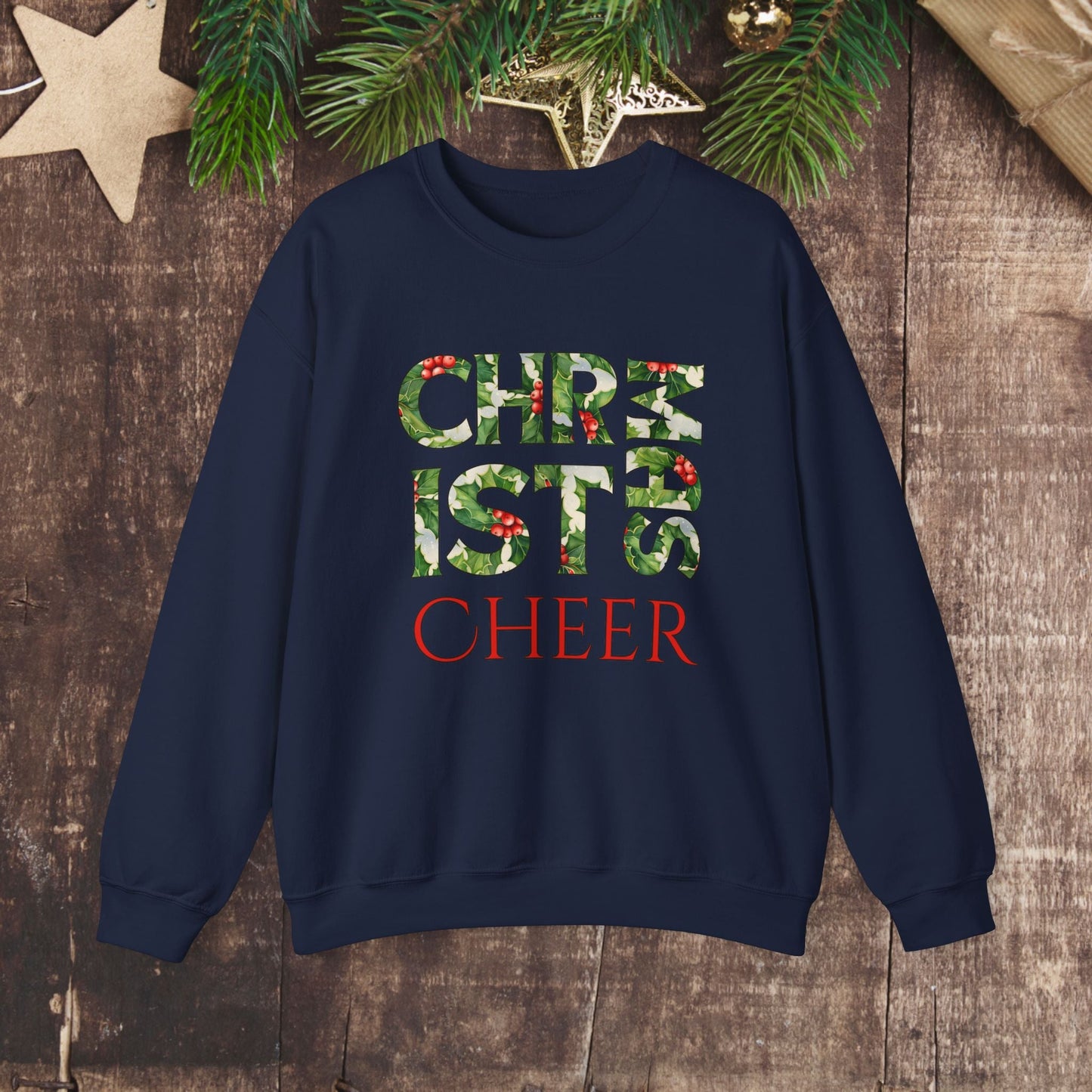Cute Merry Christmas Sweatshirt, Holly and Berries Letters, Unique Holiday Shirt Word Art, Christmas Cheer - FlooredByArt