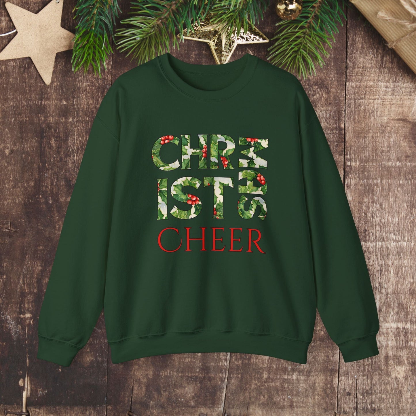 Cute Merry Christmas Sweatshirt, Holly and Berries Letters, Unique Holiday Shirt Word Art, Christmas Cheer - FlooredByArt