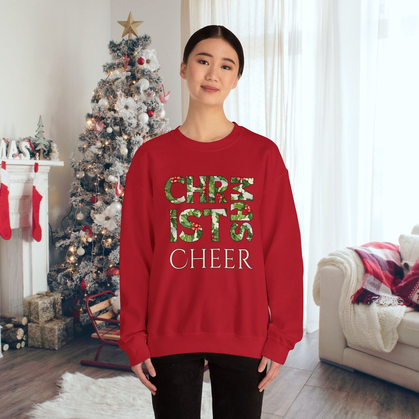 Cute Merry Christmas Sweatshirt, Holly and Berries Letters, Unique Holiday Shirt Word Art, Christmas Cheer - FlooredByArt
