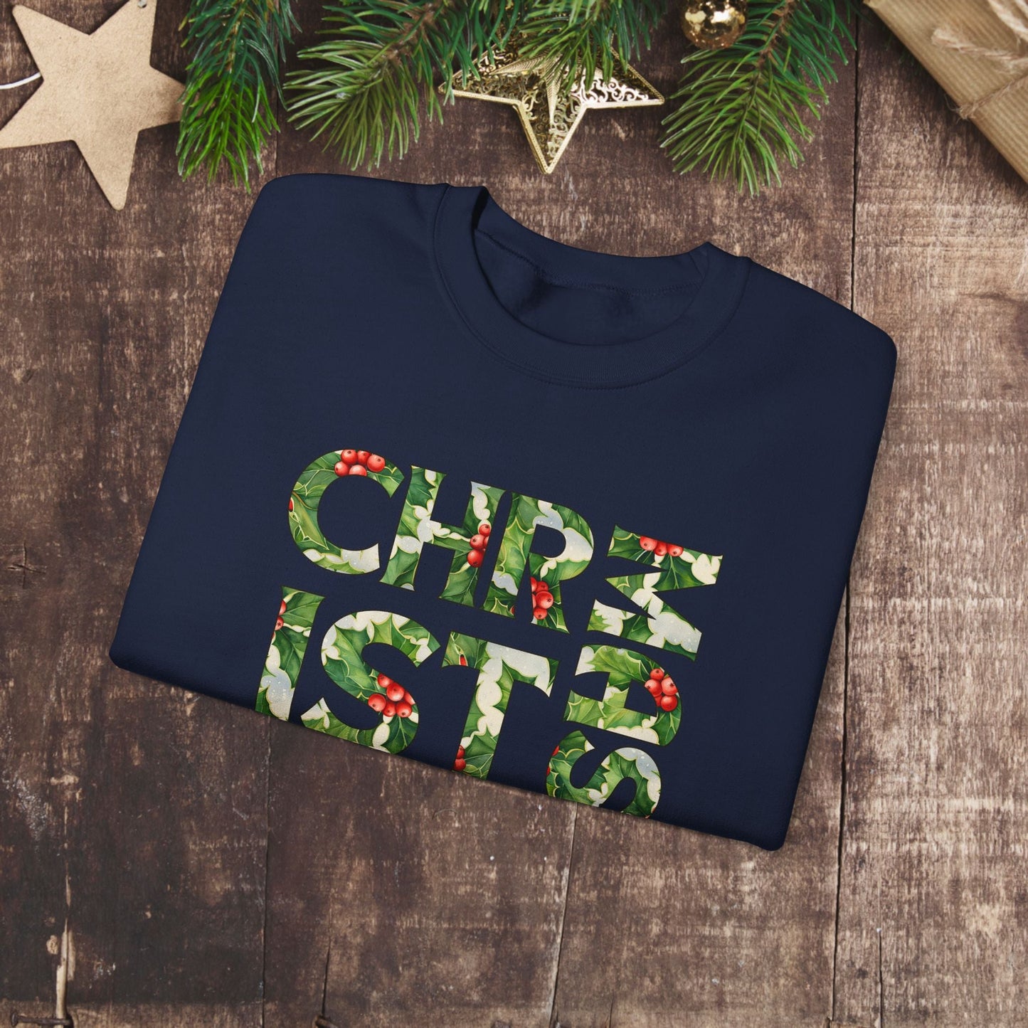 Cute Merry Christmas Sweatshirt, Holly and Berries Letters, Unique Holiday Shirt Word Art, Christmas Cheer - FlooredByArt