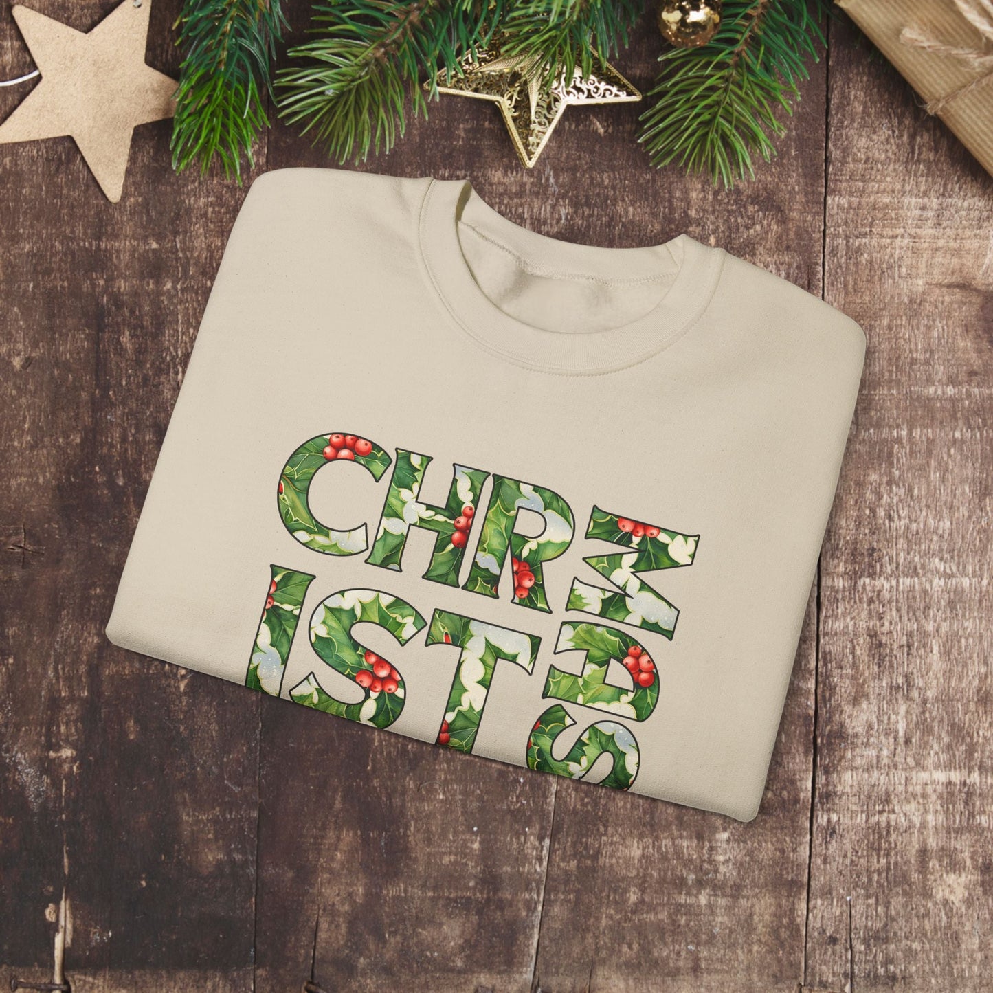 Cute Merry Christmas Sweatshirt, Holly and Berries Letters, Unique Holiday Shirt Word Art, Christmas Cheer - FlooredByArt