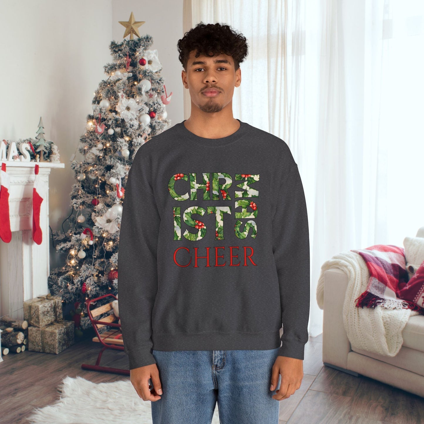 Cute Merry Christmas Sweatshirt, Holly and Berries Letters, Unique Holiday Shirt Word Art, Christmas Cheer - FlooredByArt