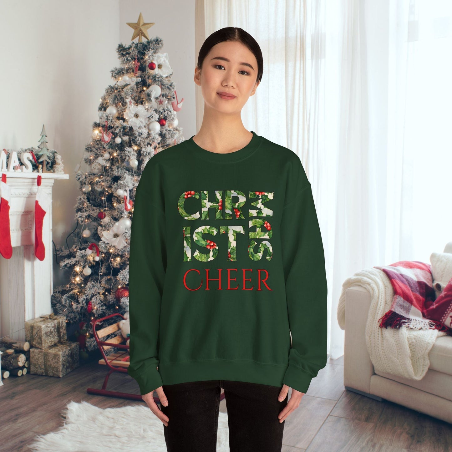 Cute Merry Christmas Sweatshirt, Holly and Berries Letters, Unique Holiday Shirt Word Art, Christmas Cheer - FlooredByArt