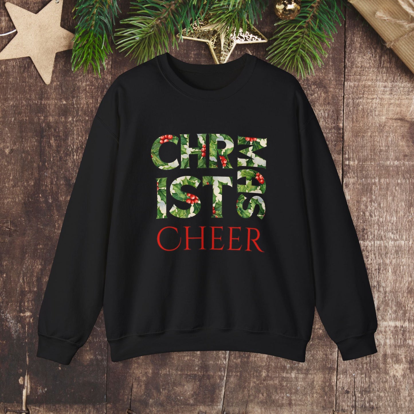 Cute Merry Christmas Sweatshirt, Holly and Berries Letters, Unique Holiday Shirt Word Art, Christmas Cheer - FlooredByArt