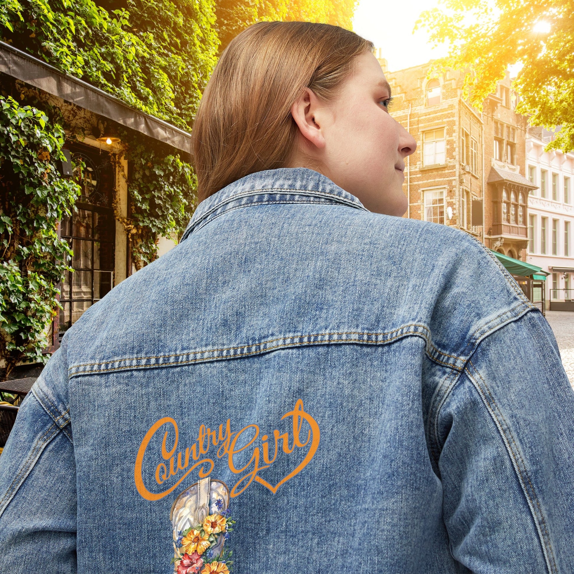 Cute Women's Blue Jean Jacket, Country Girl Cowgirl Floral Cowgirl Boot - FlooredByArt