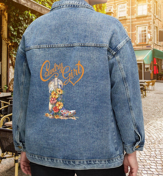 Cute Women's Blue Jean Jacket, Country Girl Cowgirl Floral Cowgirl Boot - FlooredByArt