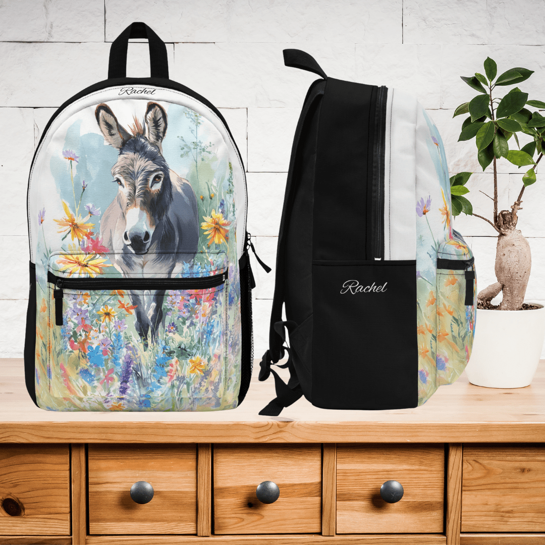 Donkey & Wildflowers Backpack - Personalized Fall School Bag, Cute Animal Art - FlooredByArt