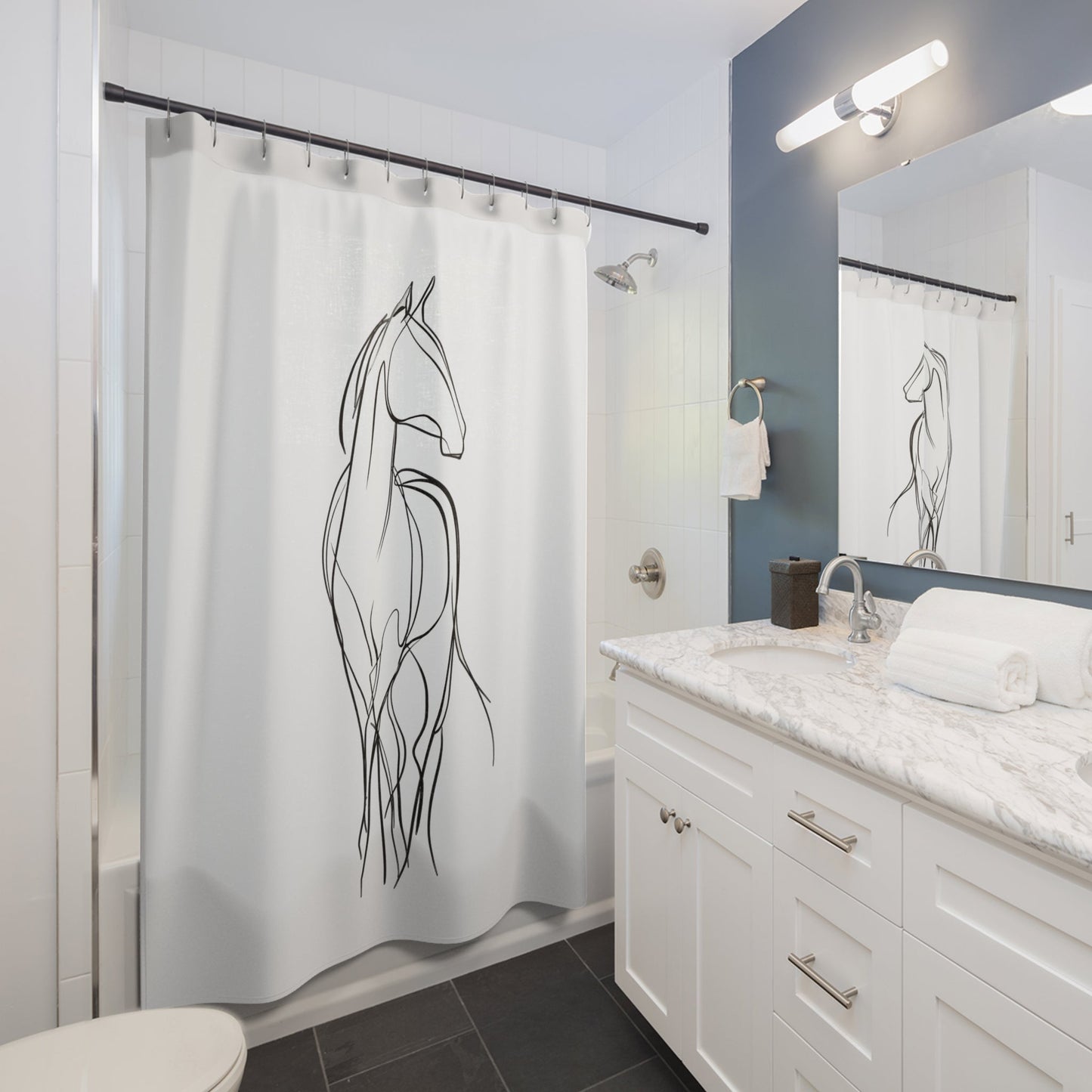 Elegant Horse Line Art Shower Curtain - Minimalist Bathroom Decor, Equestrian Gift, Horse Lover's Home Accent - FlooredByArt