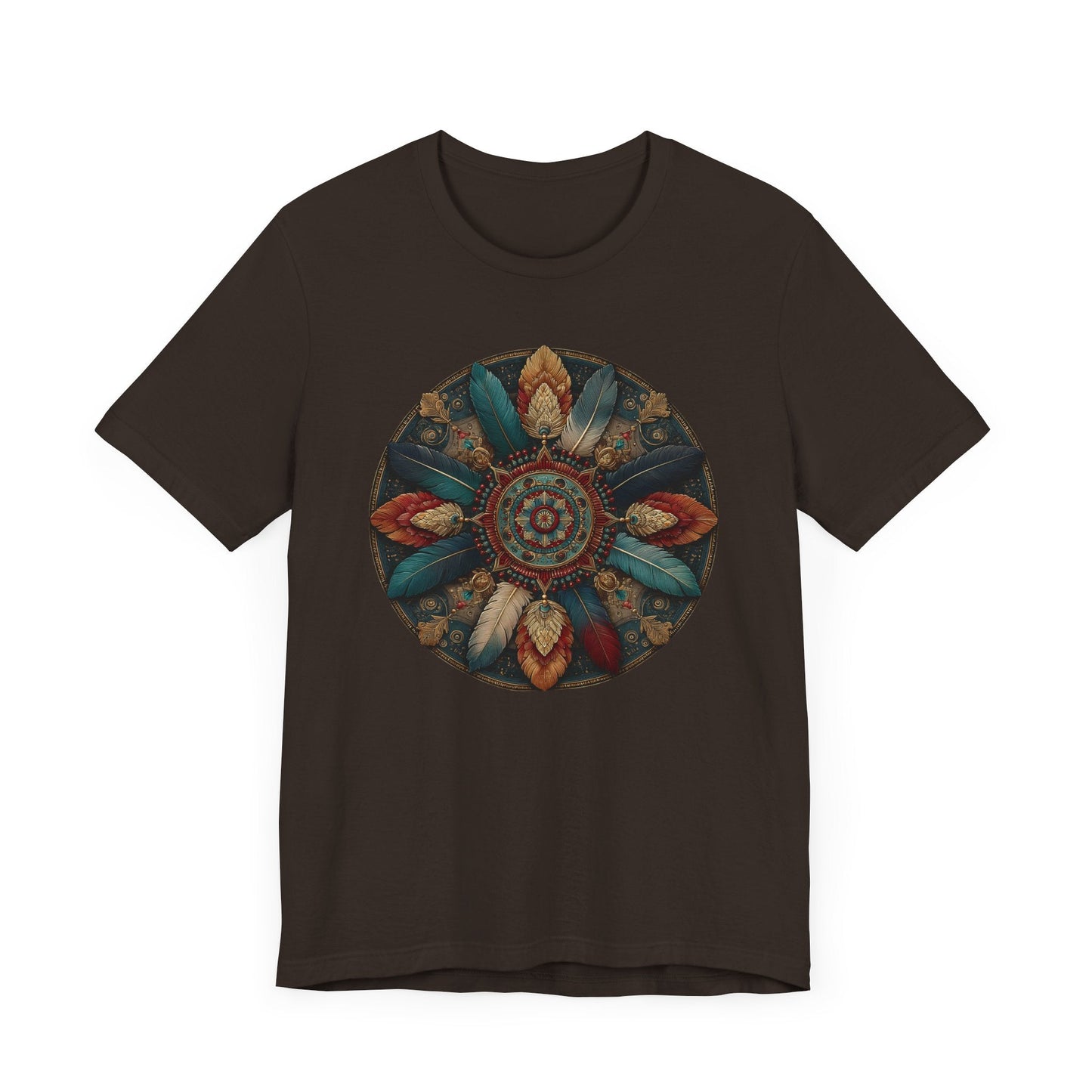 Feather Mandala T-Shirt –Native American Boho Tribute Art Tee in Rich Earthy Colors - FlooredByArt