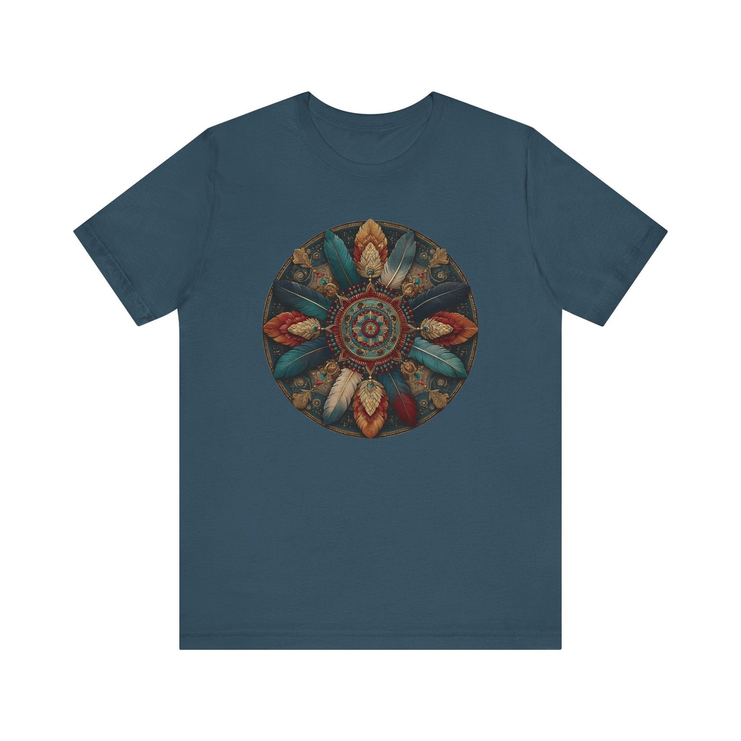 Feather Mandala T-Shirt –Native American Boho Tribute Art Tee in Rich Earthy Colors - FlooredByArt