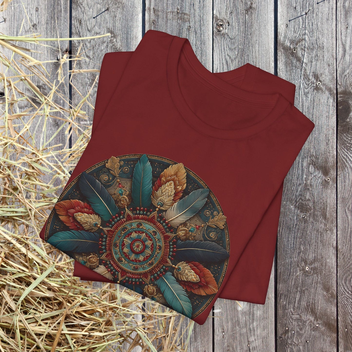 Feather Mandala T-Shirt –Native American Boho Tribute Art Tee in Rich Earthy Colors - FlooredByArt