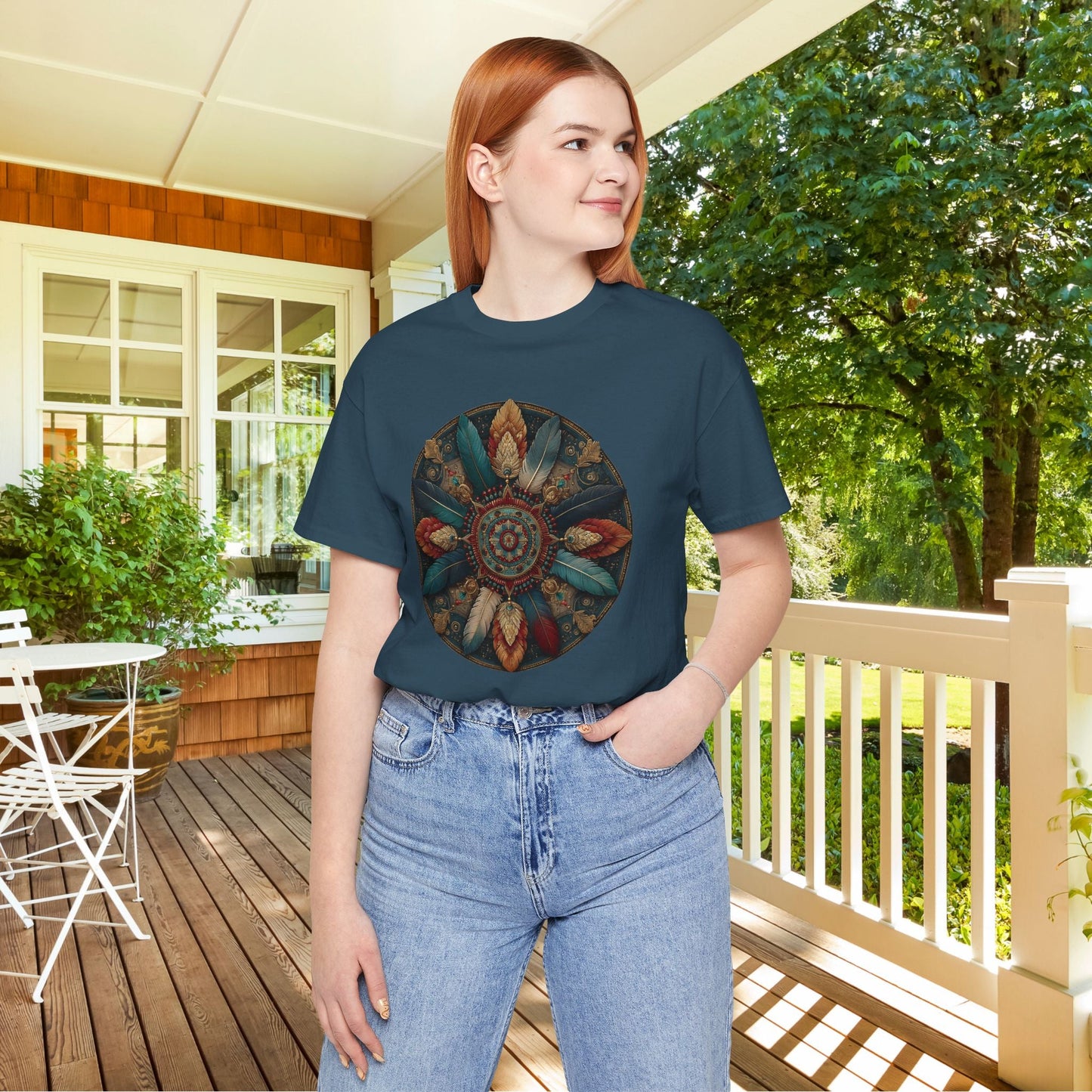 Feather Mandala T-Shirt –Native American Boho Tribute Art Tee in Rich Earthy Colors - FlooredByArt