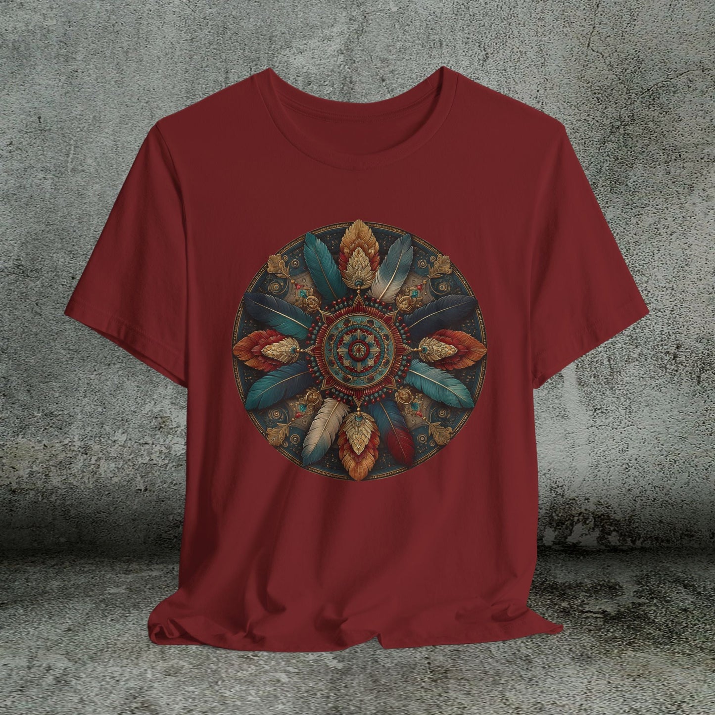 Feather Mandala T-Shirt –Native American Boho Tribute Art Tee in Rich Earthy Colors - FlooredByArt