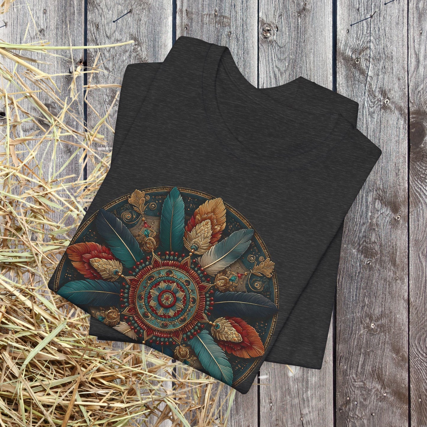 Feather Mandala T-Shirt –Native American Boho Tribute Art Tee in Rich Earthy Colors - FlooredByArt